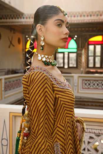 Amoree by Shikha Chaudhry_Yellow Chanderi , Chanderi, Embroidery, Hand Block Print Anarkali Set _Online_at_Aza_Fashions