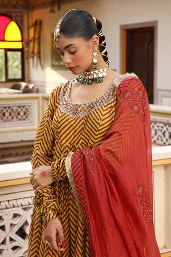 Shop_Amoree by Shikha Chaudhry_Yellow Chanderi , Chanderi, Embroidery, Hand Block Print Anarkali Set _Online_at_Aza_Fashions