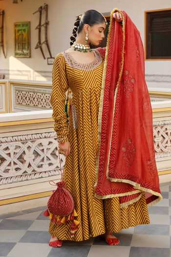 Amoree by Shikha Chaudhry_Yellow Chanderi , Chanderi, Embroidery, Hand Block Print Anarkali Set _at_Aza_Fashions