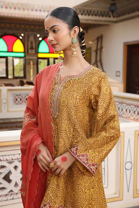 Buy Amoree by Shikha Chaudhry Yellow Chanderi Silk Embroidery Split V-neck Hand Block Print Kurta Set Online at Aza Fashions Buy_Amoree by Shikha Chaudhry_Yellow Chanderi Silk Embroidery Split V-neck Hand Block Print Kurta Set _Online_at_Aza_Fashions