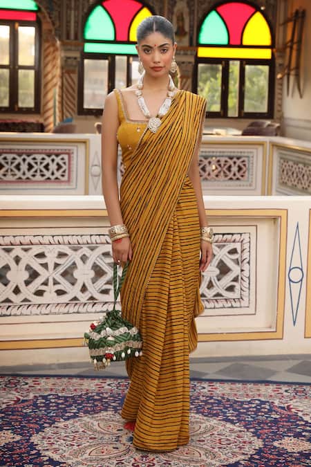 Amoree by Shikha Chaudhry_Mustard Chanderi Silk Zari, Embroidery Hand Block Print Saree And Blouse Set _Online_at_Aza_Fashions