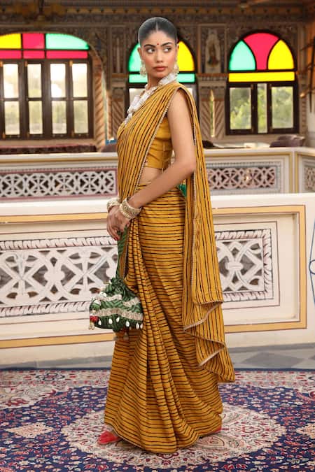 Buy_Amoree by Shikha Chaudhry_Mustard Chanderi Silk Zari, Embroidery Hand Block Print Saree And Blouse Set _Online_at_Aza_Fashions
