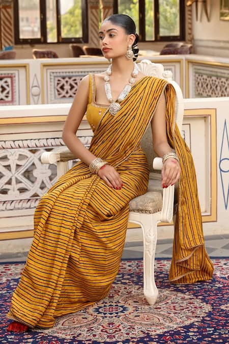 Shop_Amoree by Shikha Chaudhry_Mustard Chanderi Silk Zari, Embroidery Hand Block Print Saree And Blouse Set _Online_at_Aza_Fashions