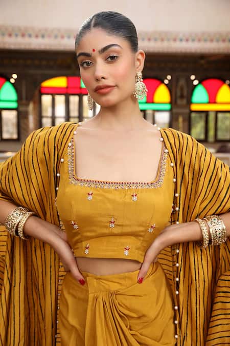 Amoree by Shikha Chaudhry_Yellow Chanderi Silk Beads, Embroidery Open Hand Block Print Cape And Skirt Set _Online_at_Aza_Fashions