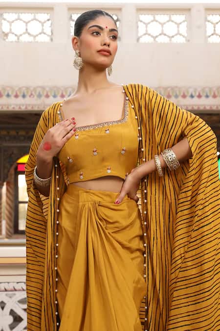 Buy_Amoree by Shikha Chaudhry_Yellow Chanderi Silk Beads, Embroidery Open Hand Block Print Cape And Skirt Set _Online_at_Aza_Fashions
