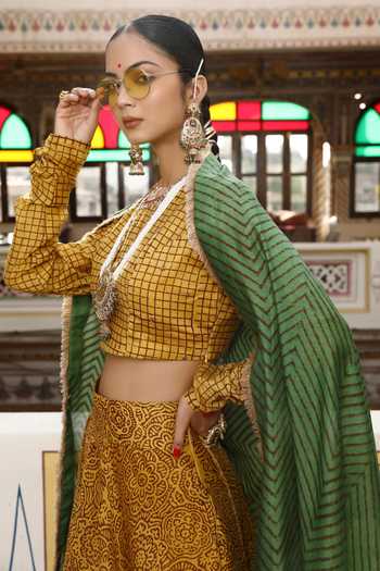 Amoree by Shikha Chaudhry_Yellow Chanderi Silk Embroidery Round Neck Hand Block Print Lehenga Set _Online_at_Aza_Fashions