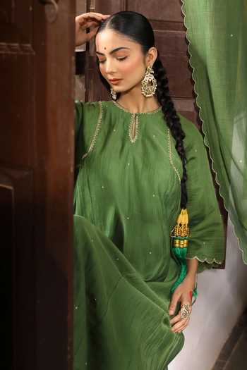 Buy_Amoree by Shikha Chaudhry_Green Silk, Silk, Embroidery, Sequins, Gota Rudra Kurta Set _Online_at_Aza_Fashions