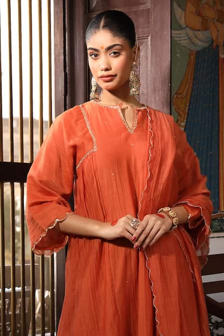 Shop_Amoree by Shikha Chaudhry_Rust Silk, Silk, Embroidery, Stones Split Rudra Kurta Set _Online_at_Aza_Fashions