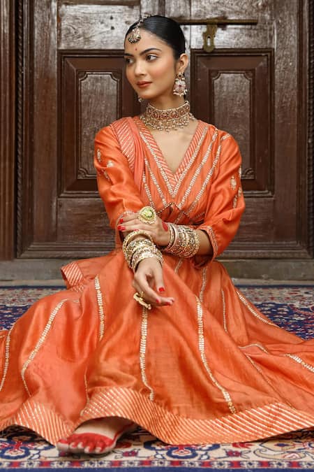Shop Amoree by Shikha Chaudhry Rust Chanderi , , Chanderi, Organza Pittan Work Anarkali Set at Aza Fashions Shop_Amoree by Shikha Chaudhry_Rust Chanderi , , Chanderi, Organza Pittan Work Anarkali Set _at_Aza_Fashions