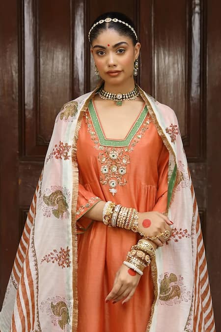 Buy Amoree by Shikha Chaudhry Rust Chanderi Silk Embroidery, Gota Patti V-neck Floral Kurta Set Online at Aza Fashions Buy_Amoree by Shikha Chaudhry_Rust Chanderi Silk Embroidery, Gota Patti V-neck Floral Kurta Set _Online_at_Aza_Fashions
