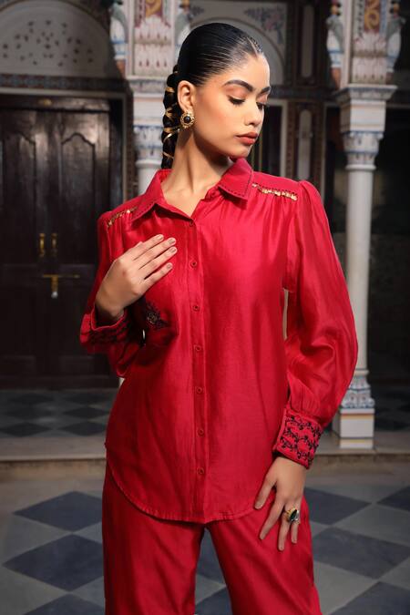 Buy_Amoree by Shikha Chaudhry_Red Silk, Embroidery, Sequins Collared Shirt With Pant _Online_at_Aza_Fashions