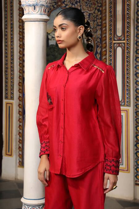 Shop_Amoree by Shikha Chaudhry_Red Silk, Embroidery, Sequins Collared Shirt With Pant _Online_at_Aza_Fashions
