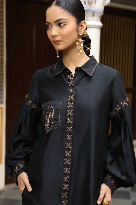 Buy_Amoree by Shikha Chaudhry_Black Chanderi Silk Embroidery Collared Abstract Shirt With Pant _Online_at_Aza_Fashions