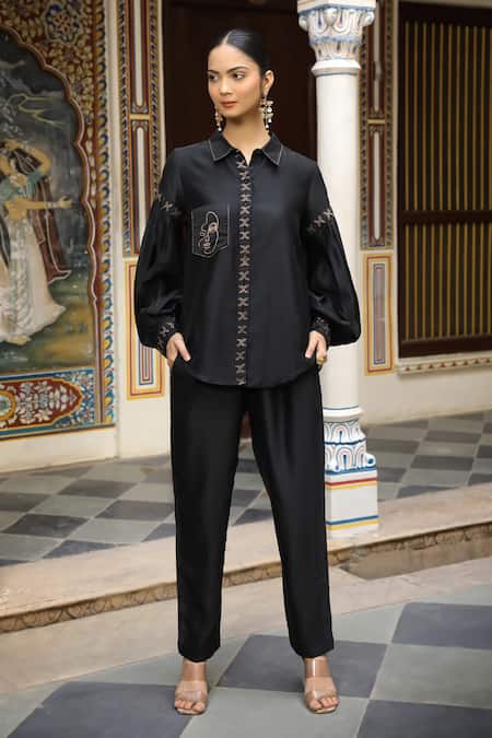 Shop_Amoree by Shikha Chaudhry_Black Chanderi Silk Embroidery Collared Abstract Shirt With Pant _Online_at_Aza_Fashions