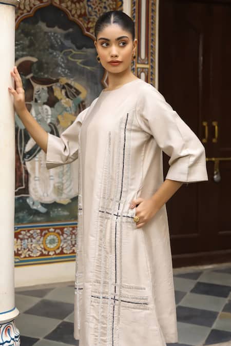 Amoree by Shikha Chaudhry_Beige Cotton, Silk Beads, Embroidery Round Neck Cutdana Work Dress _Online_at_Aza_Fashions