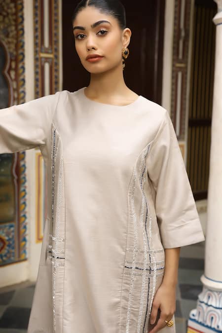 Buy_Amoree by Shikha Chaudhry_Beige Cotton, Silk Beads, Embroidery Round Neck Cutdana Work Dress _Online_at_Aza_Fashions