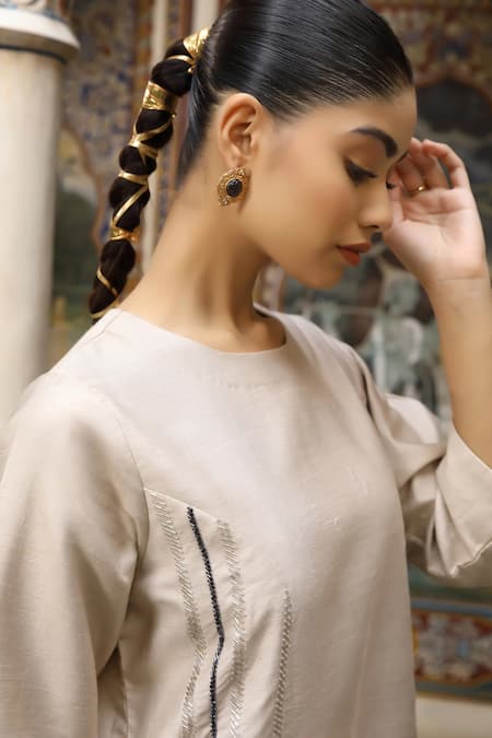 Shop_Amoree by Shikha Chaudhry_Beige Cotton, Silk Beads, Embroidery Round Neck Cutdana Work Dress _Online_at_Aza_Fashions