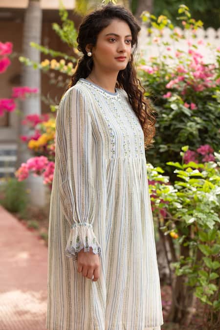 Amoree by Shikha Chaudhry_Off White Cotton, Silk Embroidery Round Neck Short Frilled Dress _Online_at_Aza_Fashions