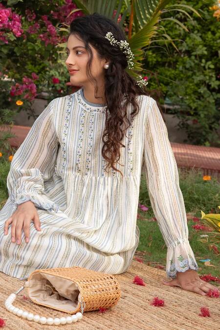 Buy_Amoree by Shikha Chaudhry_Off White Cotton, Silk Embroidery Round Neck Short Frilled Dress _Online_at_Aza_Fashions
