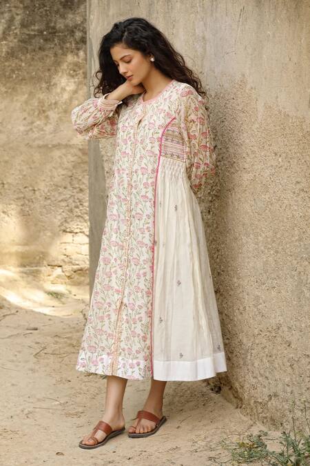 Buy_Amoree by Shikha Chaudhry_Off White Cotton, Silk Embroidery Round Neck Floral Pattern Dress _Online_at_Aza_Fashions