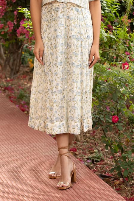 Buy_Amoree by Shikha Chaudhry_Off White Cotton, Silk Embroidery Collared Shirt And Skirt Set _Online_at_Aza_Fashions