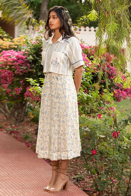 Shop_Amoree by Shikha Chaudhry_Off White Cotton, Silk Embroidery Collared Shirt And Skirt Set _Online_at_Aza_Fashions