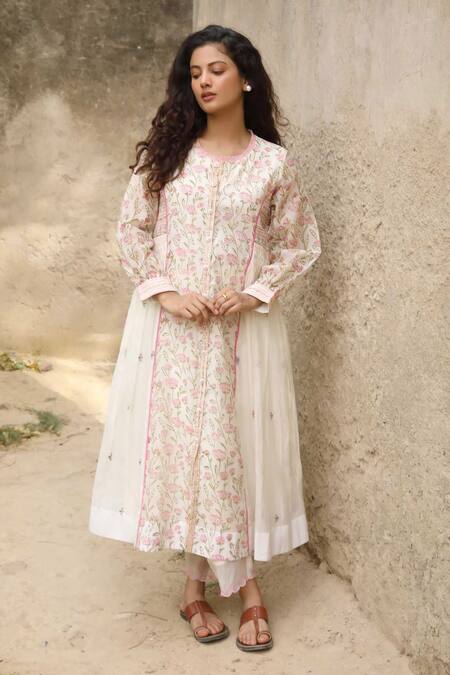 Buy Amoree by Shikha Chaudhry Off White Cotton, Silk Embroidery Round Neck Floral Pattern Gathered Kurta Set Online at Aza Fashions Buy_Amoree by Shikha Chaudhry_Off White Cotton, Silk Embroidery Round Neck Floral Pattern Gathered Kurta Set _Online_at_Aza_Fashions