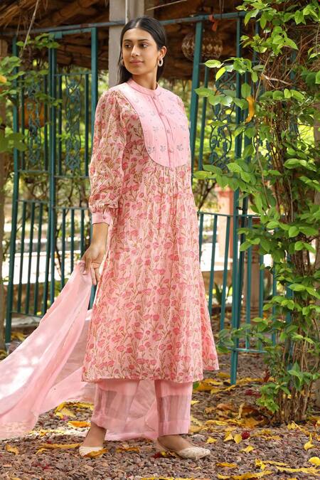 Shop Amoree by Shikha Chaudhry Pink Cotton, Silk Embroidery Mandarin Collar Floral Bloom Pattern Kurta Set Online at Aza Fashions Shop_Amoree by Shikha Chaudhry_Pink Cotton, Silk Embroidery Mandarin Collar Floral Bloom Pattern Kurta Set _Online_at_Aza_Fashions