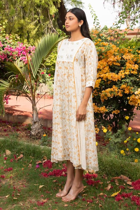 Shop_Amoree by Shikha Chaudhry_Off White Cotton, Silk Beads, Embroidery Round Neck Butti Pattern Dress _Online_at_Aza_Fashions