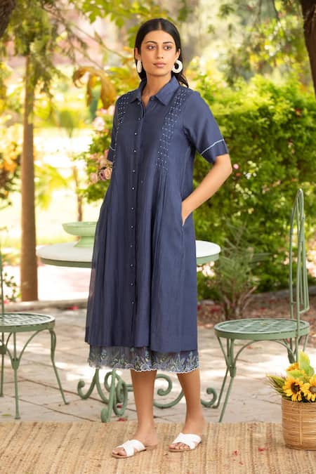 Buy_Amoree by Shikha Chaudhry_Navy Cotton, Silk Embroidery Collared Dress _Online_at_Aza_Fashions