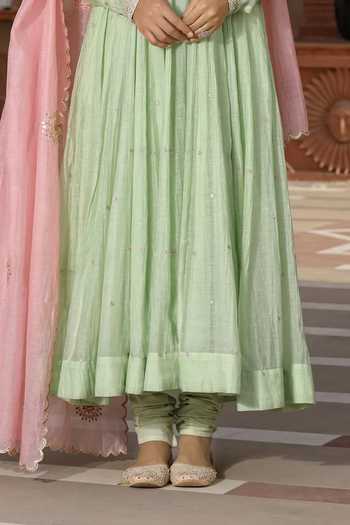 Amoree by Shikha Chaudhry_Mint Cotton, Silk Embroidery, Beads, Tassels Round Neck Butti Anarkali Set _Online_at_Aza_Fashions