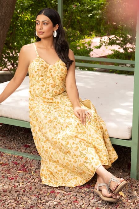 Shop_Amoree by Shikha Chaudhry_Yellow Cotton, Silk Embroidery Sweetheart Neck Floral Pattern Corset Dress _Online_at_Aza_Fashions