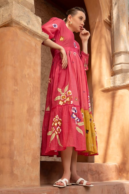 Buy_Amoree by Shikha Chaudhry_Pink Cotton Embroidery V-neck Floral Whispers Dress _Online_at_Aza_Fashions