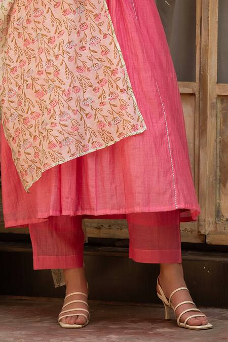 Amoree by Shikha Chaudhry_Pink Cotton Embroidery Round Neck Gulnaar Kurta Set _Online_at_Aza_Fashions