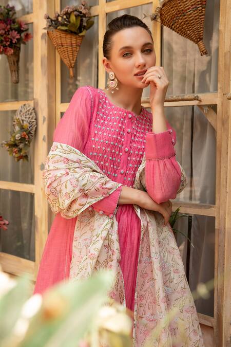 Buy_Amoree by Shikha Chaudhry_Pink Cotton Embroidery Round Neck Gulnaar Kurta Set _Online_at_Aza_Fashions