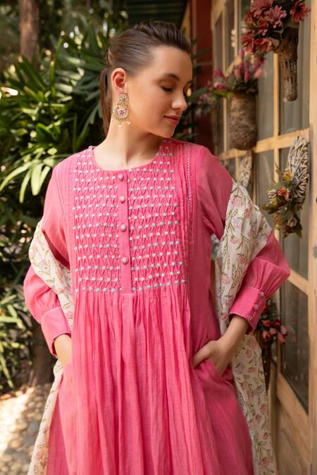 Shop_Amoree by Shikha Chaudhry_Pink Cotton Embroidery Round Neck Gulnaar Kurta Set _Online_at_Aza_Fashions