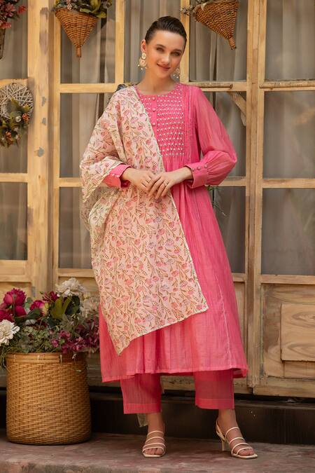 Buy_Amoree by Shikha Chaudhry_Pink Cotton Embroidery Round Neck Gulnaar Kurta Set 