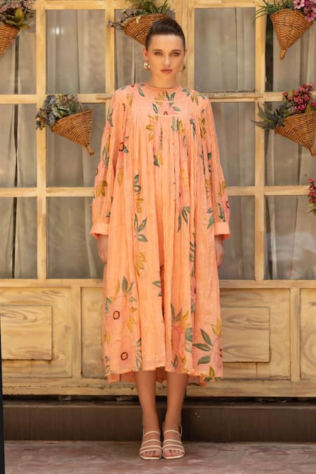 Amoree india_Peach Cotton Round Neck Blossom Dress _Online_at_Aza_Fashions