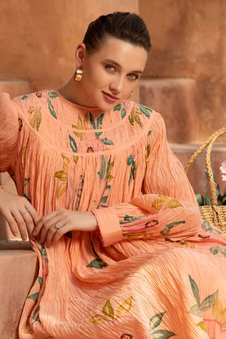 Shop_Amoree india_Peach Cotton Round Neck Blossom Dress _Online_at_Aza_Fashions