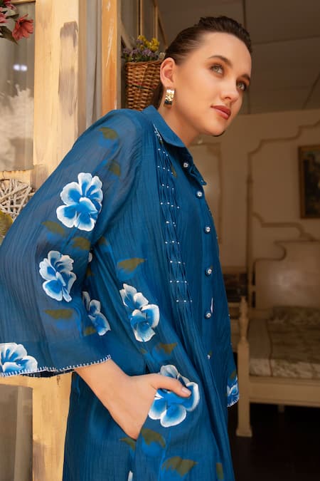 Amoree by Shikha Chaudhry_Blue Cotton Embroidery Collared Bloom Breeze Dress _Online_at_Aza_Fashions
