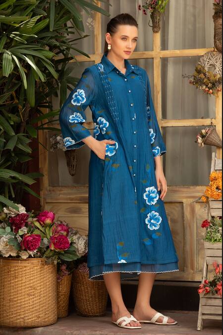 Shop_Amoree by Shikha Chaudhry_Blue Cotton Embroidery Collared Bloom Breeze Dress _Online_at_Aza_Fashions