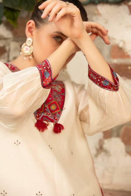 Buy Amoree by Shikha Chaudhry Ivory Cotton Embroidery, Tassels, Sequins V-neck Royal Charm Kali Kurta Set Online at Aza Fashions Buy_Amoree by Shikha Chaudhry_Ivory Cotton Embroidery, Tassels, Sequins V-neck Royal Charm Kali Kurta Set _Online_at_Aza_Fashions