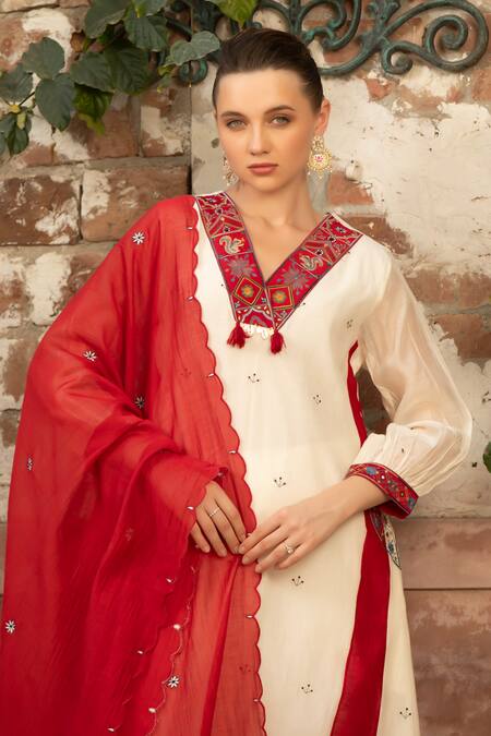 Shop Amoree by Shikha Chaudhry Ivory Cotton Embroidery, Tassels, Sequins V-neck Royal Charm Kali Kurta Set Online at Aza Fashions Shop_Amoree by Shikha Chaudhry_Ivory Cotton Embroidery, Tassels, Sequins V-neck Royal Charm Kali Kurta Set _Online_at_Aza_Fashions