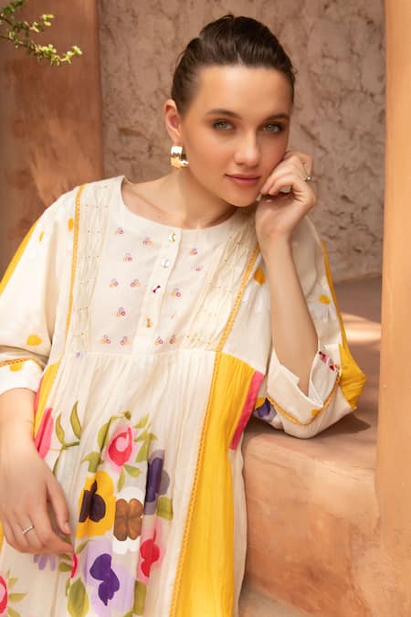Amoree by Shikha Chaudhry_Multi Color Cotton Embroidery Round Neck Floral Sunshine Dress _Online_at_Aza_Fashions