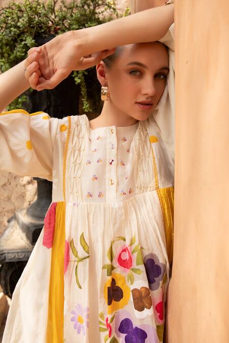 Buy_Amoree by Shikha Chaudhry_Multi Color Cotton Embroidery Round Neck Floral Sunshine Dress _Online_at_Aza_Fashions