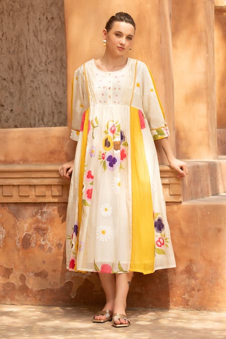 Amoree india Multi Color Cotton Embroidery Round Neck Floral Sunshine Dress 