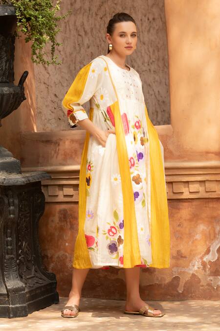 Shop_Amoree by Shikha Chaudhry_Multi Color Cotton Embroidery Round Neck Floral Sunshine Dress _Online_at_Aza_Fashions