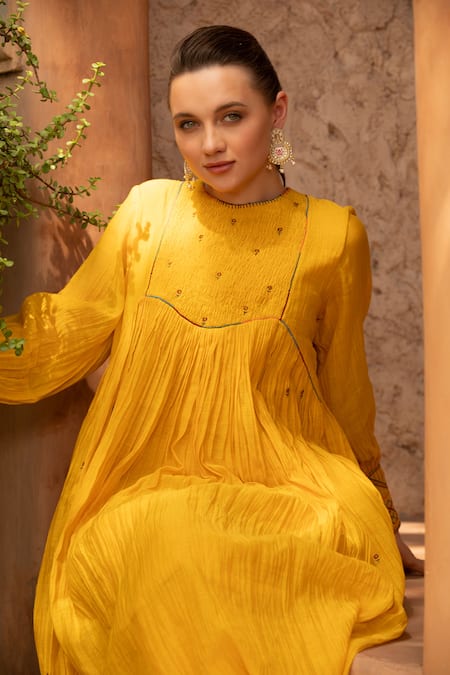 Amoree by Shikha Chaudhry_Mustard Cotton Embroidery Round Neck Marigold Charm Kurta With Pant _Online_at_Aza_Fashions