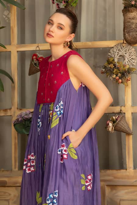 Amoree by Shikha Chaudhry_Purple Cotton Embroidery Round Neck Lavender Bloom Dress _Online_at_Aza_Fashions