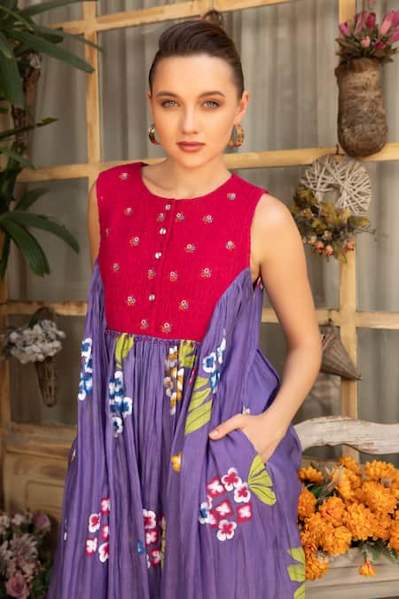Buy_Amoree by Shikha Chaudhry_Purple Cotton Embroidery Round Neck Lavender Bloom Dress _Online_at_Aza_Fashions
